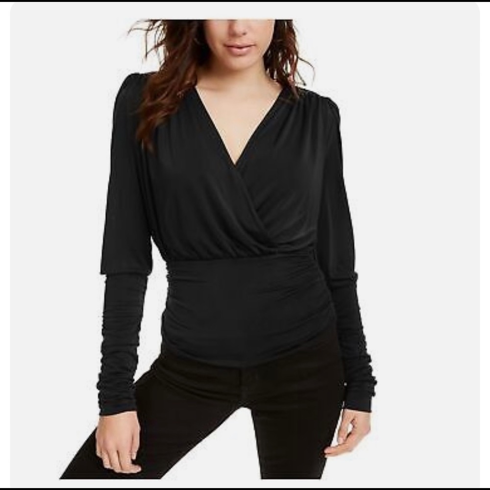 Leyden black ruched cross front long sleeve blouse Size L